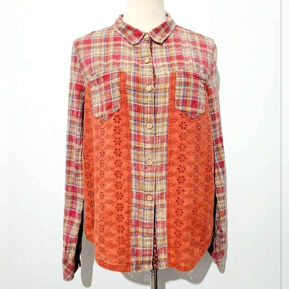 Miss Me Women’s SZ Small Plaid & Lace Button Down Shirt Long Sleeve Western Boho - Picture 2 of 12